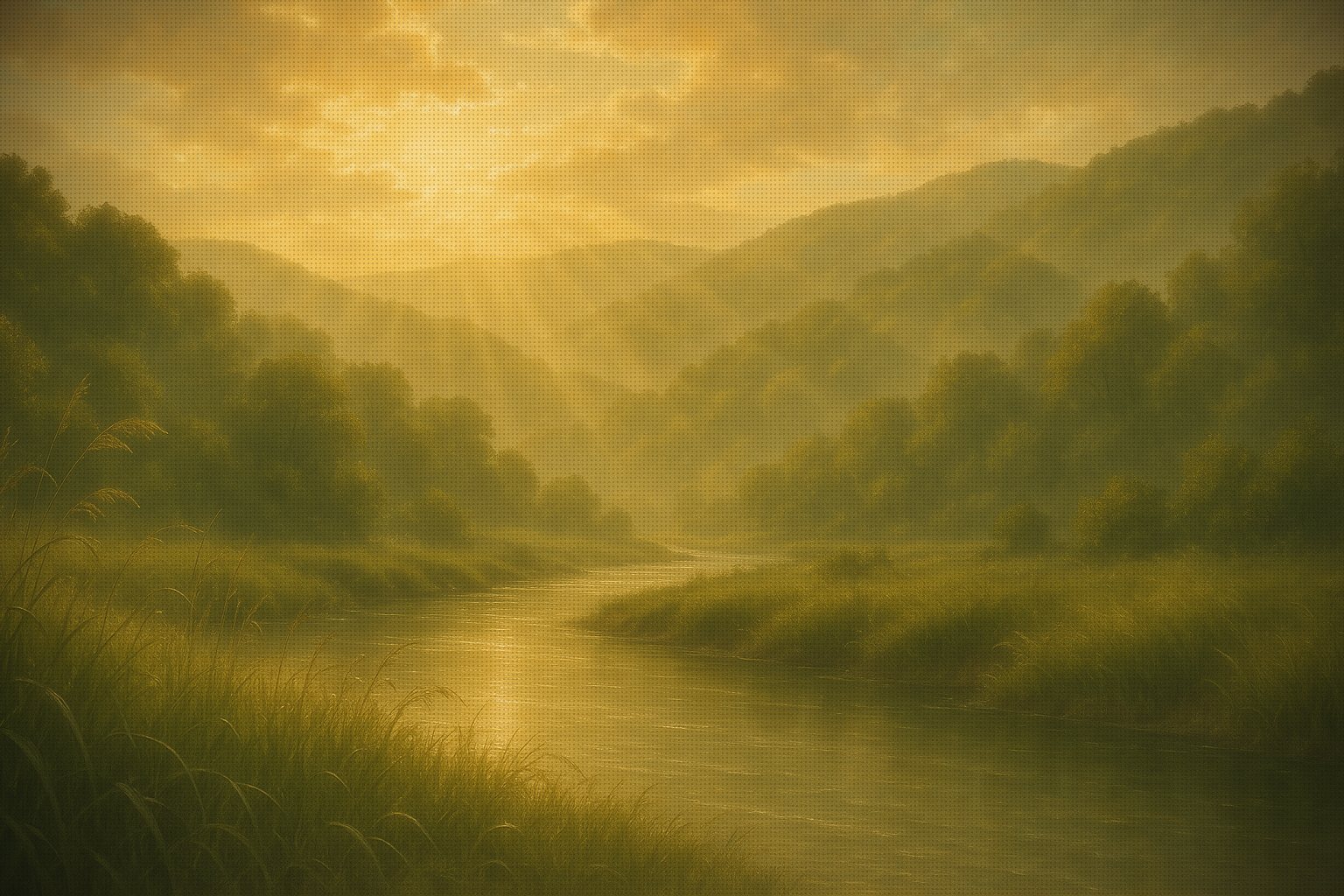 A river winding through a green valley at golden hour